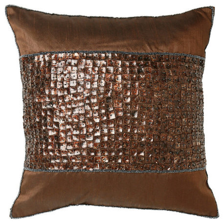 Mother of Pearl Band Faux Silk Pillow Cover, Dark Chocolate