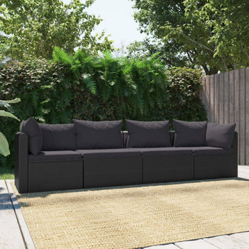 vidaXL Patio Sofa 4 Piece Outdoor Sectional Sofa with Cushions PE Rattan Black