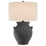 Currey & Company - 6000-0537 Anza Table Lamp, Black Ash and Satin Black - Made of terracotta in a black ash finish, the Anza Table Lamp mimics a ginger jar shape with cleverly placed handles. The roughness of the surface of the terracotta gives this dark gray lamp an extra dose of texture. Wrought iron hardware in a satin black finish is a seamless addition, as is the matching terracotta finial that fastens the natural linen drum shade to the lamp.