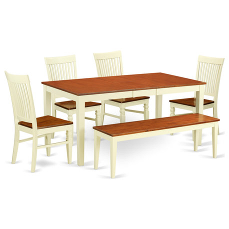 6-Piece Dinette Set With Table, 4 Seat Chairs and Bench, Buttermilk/Cherry