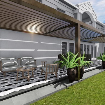 High-End Patio Covers with a Fireplace and Tile Flooring