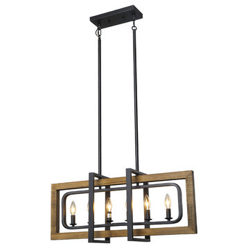 LNC 6-Light Distressed Wood Brown and Matte Black Farmhouse Linear Chandelier