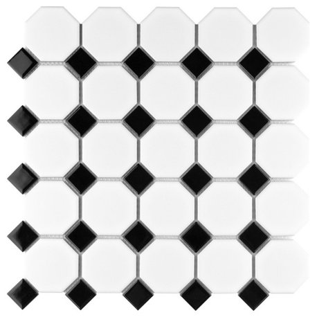 Metro Octagon  Matte White Black Dot Porcelain Mosaic Floor/Wall Tile