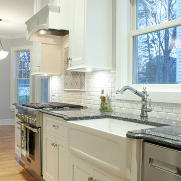 Traditional White Kitchen with Walnut Bar