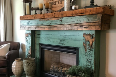 Inspiration for a shabby-chic style living room remodel in Montreal with a standard fireplace and a wood fireplace surround