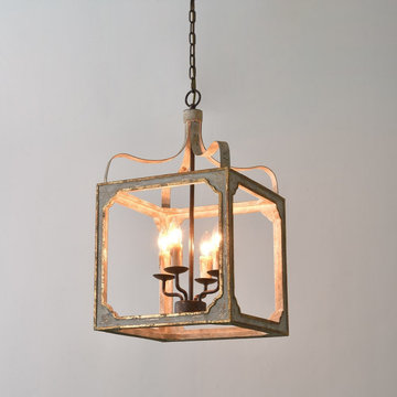 $269.99 French Country 4-Light Square Lantern Chandelier Metal and Wood in Antiq
