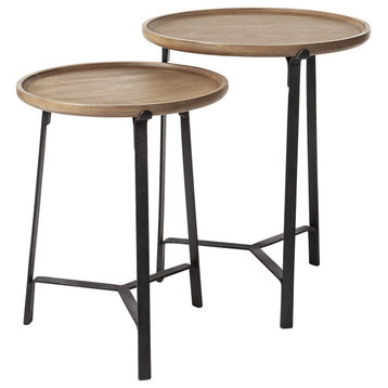 HomeRoots Set of 2 Round Brown Solid Wood Iron Base Nesting Side Tables