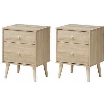 Set of 2 Nightstand, Rubberwood Tapered Legs & Unique Drawer Knobs, Oak Finish