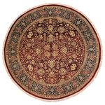 Bareen's Designer Rugs - Antique Kashan Vegetable Dye Kathalee Red Blue Wool Rug - 7'11 x 8'2 - Designed with mesmerizing intricacy and gorgeous color palette, this hand-knotted masterpiece demonstrates the beauty and electrifying thrill of Pak Persian art. These meticulously handcrafted Pak-Persian rug is made with pure wool and features breathtaking traditional and transitional designs in beautiful lush color pallet. Known for their intricate designs these rugs are a reproduction of Persian rugs, made in Pakistan with unique Mughal designs. Made by master weavers using the same Persian texture, design and dying technique, we wanted to create the most significant manifestation of the Persian art, life and culture. This rug is most famous for its exceptional quality, incredible designs, patterns and vibrant rich color. Pak-Persian rugs made with Persian weave with high knot counts, which enables the high intricacy and detail found in the patterns are also referred to as State of art, each color adds a rich beautiful detail in the artwork of this rug. The design, color and beautiful chromatic composition with a vibrant sheen with traditional and transitional designs, exude beauty, elegance and quality make this rug a masterpiece of its own.