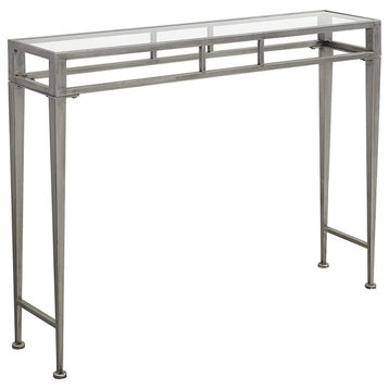 Contemporary Console Table, Unique Metal Frame With Glass Top, Antique Silver