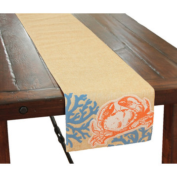 Applique Crab With Print Coral Coastal Table Runner,13.5 by 72-Inch