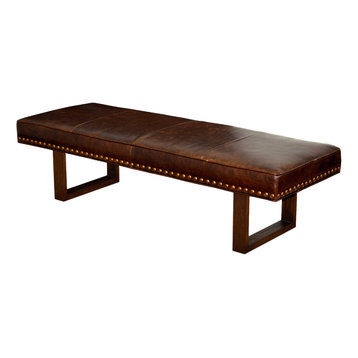 Leather Upholstered Bench With Nail Head Trim, Antique Brown