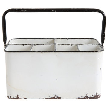 Metal Caddy with 6 Compartments, Handle, and Distressed Finish, White and Black