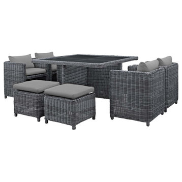 9 Pieces Patio Dining Set, Square Glass Table and Cushioned Armchairs