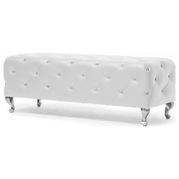 Contemporary Upholstered Bench, PU Leather Seat & Crystal Button Tufting, White