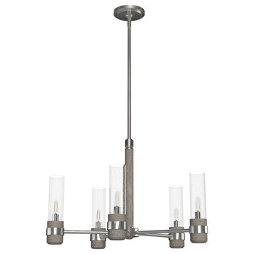 River Mill Brushed Nickel/Gray Wood, Clear Glass 5-Light Chandelier