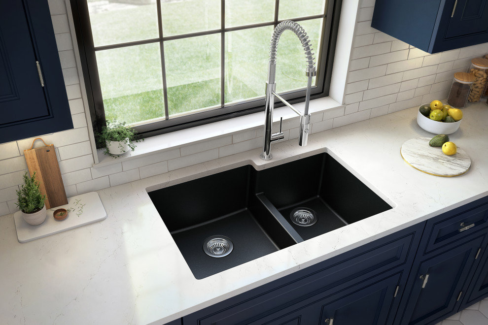 Karran 32" Undermount Large/Small Bowl Quartz Kitchen Sink, Black