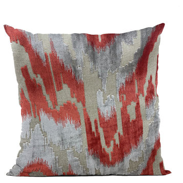 Plutus Velvet Glamour Red, Gray Handmade Luxury Pillow, 12"x20"