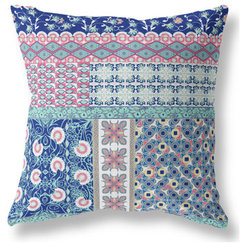 Flower Castle Patchwork Suede Blown and Closed Pillow With Insert, Blue/Pink