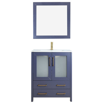Vanity Art Single Vanity Set With Ceramic Top, 30", Blue, Standard Mirror