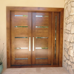 Esempio di una porta d'ingresso design di medie dimensioni con pareti bianche, una porta a due ante e una porta in legno bruno