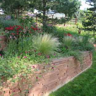 This is an example of a large backyard partial sun garden for summer in Denver with a vertical garden and natural stone pavers.