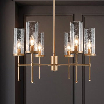 LNC 6-Light Modern Matte Gold Linear Candle Glass Chandelier