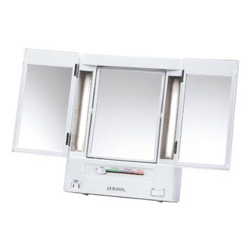 Jerdon JGL9W Tabletop Tri-Fold Two-Sided Lighted Makeup Mirror with 5x Mag