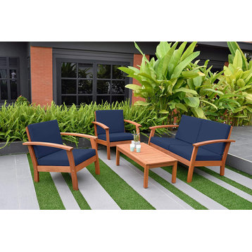 4 Pieces Patio Set, Eucalyptus Wood Frame With Cushioned Seat and Back, Blue
