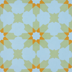 Moroccan Mosaic and Tile House - Ahfir Handmade Cement Tile, Sky Blue/Orange, Sample - Tile