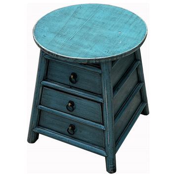 Chinese Distressed Light Blue Round Top Drawers Wood Stool Table Hws3052
