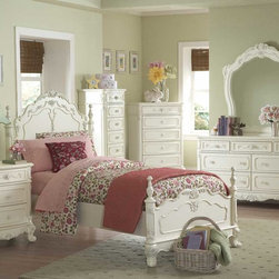 HOMELEGANCE 1386T-1 CINDERELLA ECRU WHITE WOOD TWIN POSTER BED FLORAL - Kids Beds