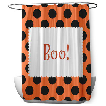 70"Wx73"L Halloween Boo Dots Shower Curtain, Traditional Orange