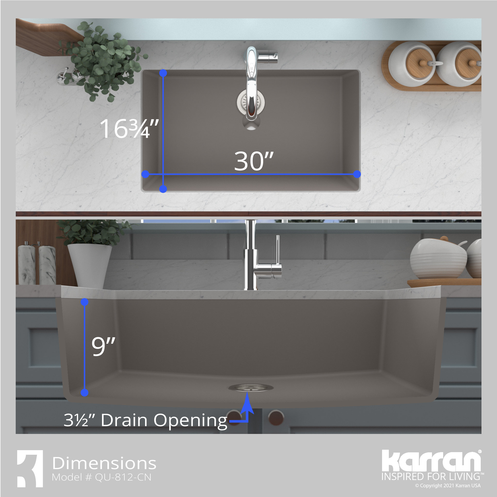 Karran QU-812 Undermount 32.5" Large Single Bowl Quartz Sink Kit, Concrete