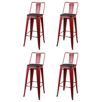 Metal Red Bar Stools With Middle Back Dark Wooden Seat, Set of 4