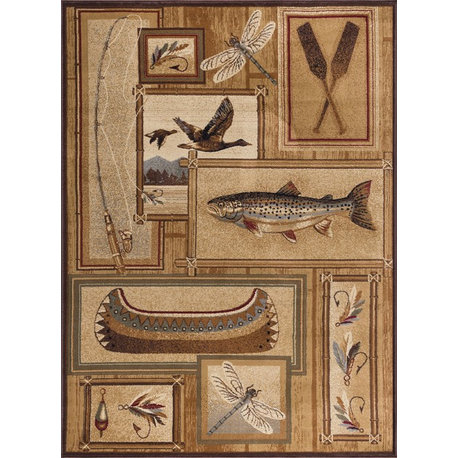 Trout Fishing Novelty Lodge Pattern Ivory Rectangle Area Rug, 5'x7'