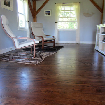 SAGAPONACK FARMHOUSE: WIDE PLANK RED OAK REVIVED - MED BROWN STAIN/TRAFFIC HD
