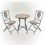 Alpine Corporation - Indoor/Outdoor Mediterranean Tile Design Set Table and Chairs Patio Seating - Enjoy friendly conversation and a cappuccino with the Indoor/Outdoor 3-Piece Mediterranean Tile Design Bistro Set from Alpine Corporation. This decorative and artistic table and chairs set with its lovely floral tile design will add a unique and eclectic addition to your garden, courtyard, or indoor living area. The 3-piece set includes a table and 2 chairs and is perfect for smaller outdoor spaces, like apartment balconies or studio apartment eating areas. Skillfully crafted from tough, long-lasting and weather. The patio set is reliable, and provides sturdy and stable seating for 2 people. All 3 pieces are lightweight, making them easy to pick up and transport to your preferred outdoor area for al fresco dining or enjoying your morning coffee indoors in your breakfast nook. They're also compact and easy to store when you're not using them. This table and chairs set is easy to maintain and clean. Simply wipe down with water and a mild soap or detergent to keep it looking brand new. The bistro table measures 24"L x 24"W x 28"H, the chairs measure 17"L x 22"W x 36"H, and the set includes a one-year manufacturer's warranty from date of purchase. Alpine Corporation is one of America's leading designers, importers, and distributors of superior quality home and garden decor products. Alpine Corporation's award winning in-house design team continuously develops new and innovative "statement pieces" for your home and garden. Your indoor and outdoor living spaces will be the envy of the neighborhood with our wide assortment of fresh, fashionable and contemporary products, from beautifully crafted solar garden stakes featuring patented motion and fiber optic lighting technology to beautiful fountains and delightful bird baths and feeders.