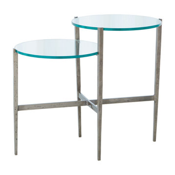 Elegant Minimalist Tiered Iron Accent Table Round Glass Top Two Level Silver