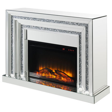 Electric Fireplace With Mirror Panel Framing and Faux Crystals Inlay, Silver