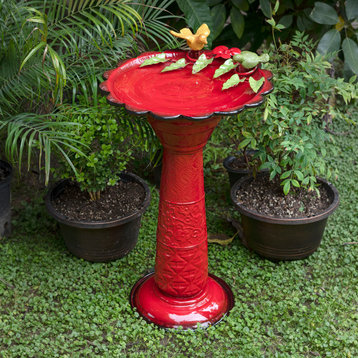 28" Tall Outdoor Metal Birdbath with Birds and Leaves Yard Statue, Red