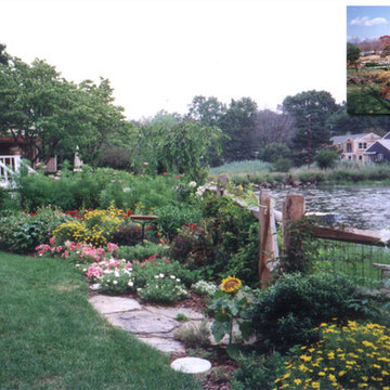 By removing overgrown plants a water view is enhanced. Colorful perennials and a