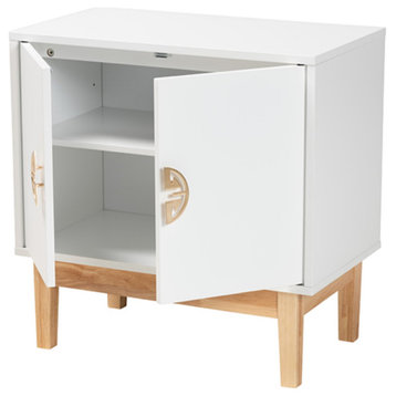 Two-Tone White And Oak Brown Finished Wood And Gold Metal 2-Door Storage Cabinet