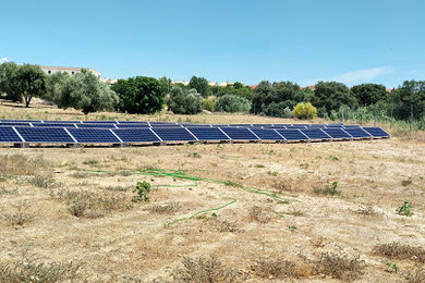 Vista frontal de los paneles solares colocados en el suelo.