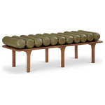 Meridian Furniture - Landon Faux Leather Bench, Green, Walnut Finish - Outfit your foyer, bedroom, dressing room or other area of the home with this handsome olive Landon vegan leather bench. A rolled vegan leather seat upholstered in olive vegan leather gives this uniquely designed bench the luxe look of leather without the maintenance requirements. Built to last, this art-deco-inspired bench has a solid oak base finished in sleek walnut for a beautiful, resort feel in whatever room you wish to use it in.