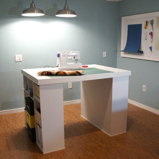 This is an example of a small traditional look-out basement in Denver with blue walls, cork flooring, no fireplace and brown floors.
