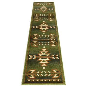 Lodi Collection Southwestern 2' x 7' Green Area Rug - Olefin Rug with Jute...