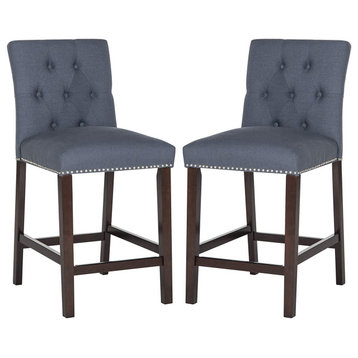 2 Pack Counter Stool, Diamond Tufted Back and Nailhead Accent, Navy/Fabric
