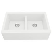 Karran All, One Farmhouse Quartz 34" Double Bowl Sink, White With Faucet
