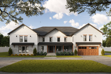 Mid-sized farmhouse white two-story mixed siding and board and batten exterior home photo in Salt Lake City with a shingle roof and a black roof
